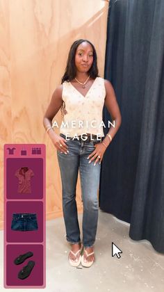 Woman in a floral top, jeans, and flip flops standing in a fitting room