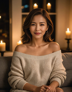 Woman in an off-shoulder sweater sitting indoors with candlelight