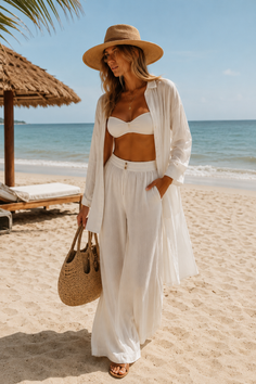 Woman in a white outfit and straw hat walking on a sandy beach