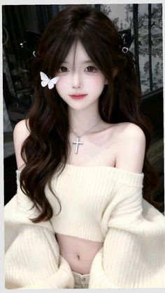 Anime style girl with long hair wearing an off-shoulder sweater and cross necklace