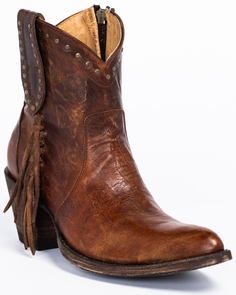 Brown leather ankle boot with fringe and studded details on a white background