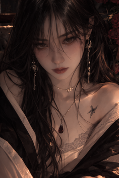 Illustration of a woman with long dark hair, wearing a lace top and jewelry
