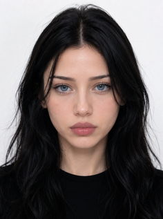 Woman with long black hair and blue eyes looking directly at the viewer