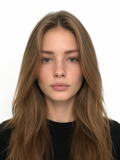 Woman with long brown hair and green eyes in a portrait shot