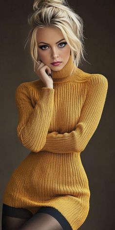 Blonde woman in a yellow turtleneck sweater with a messy bun