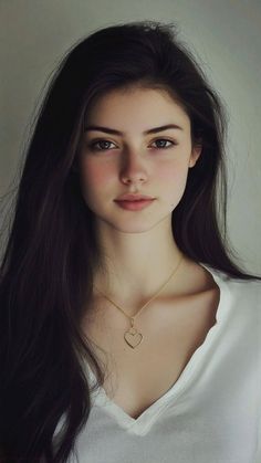 Woman with long dark hair wearing a white shirt and heart necklace