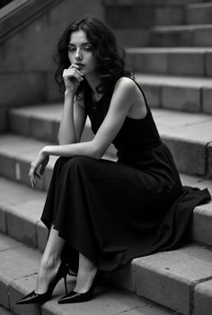 Woman in a black dress and high heels sitting on stairs in black and white