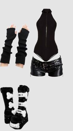 Gothic style outfit with black bodysuit, leather shorts, and platform boots