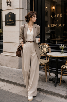 Woman in a blazer and wide leg pants holding a coffee cup on a street