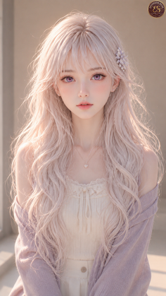 Anime style girl with long light pink hair and purple eyes wearing a cardigan