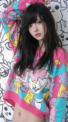 Woman with long black hair wearing a colorful crop top against a doodle wall