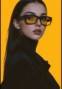 Woman with long black hair and yellow glasses wearing a black turtleneck and jacket