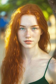 Woman with long red hair, green eyes, and freckles in soft outdoor lighting