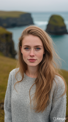 Woman with long hair and freckles wearing a grey sweater outdoors by the ocean