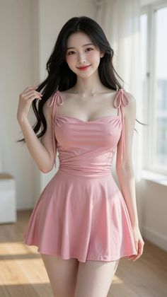 Woman in a pink dress with long dark hair posing indoors