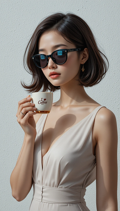Woman with short hair and sunglasses holding a coffee cup