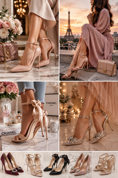 Collage of various high heels in different styles and colors