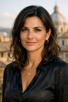 Woman with dark hair and a black shirt smiling outdoors with a cityscape in the background