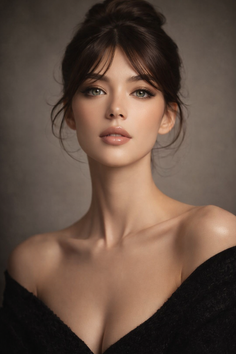 Woman with dark hair in an updo and bare shoulders, showing cleavage