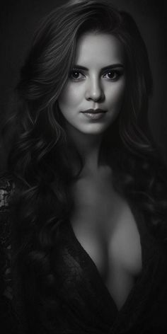 Woman with long wavy hair in a deep v-neck top, black and white portrait