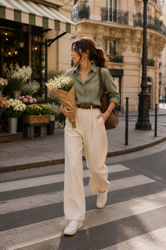 Woman with a bouquet of flowers walking on a crosswalk in front of a flower shop