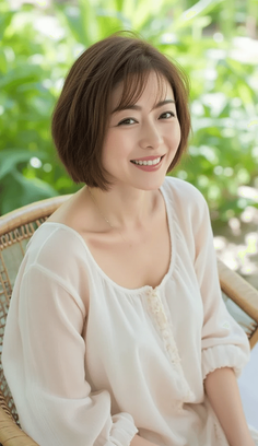 Woman with short brown hair smiling in a white blouse outdoors