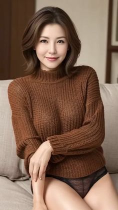 Woman in a brown sweater and black underwear sitting indoors