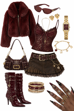 Collection of dark-toned clothing and accessories with gold accents