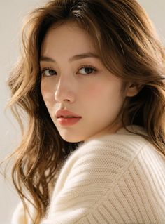 Woman with long wavy hair wearing a cream sweater, looking over her shoulder