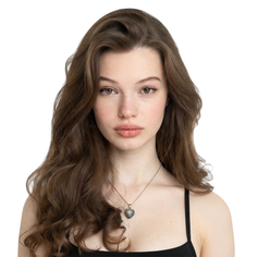 Woman with long brown hair and a heart necklace on a white background