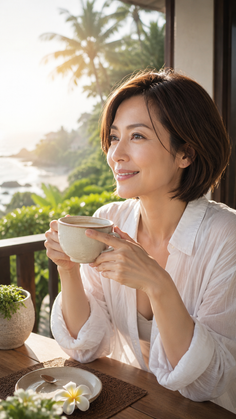 Woman with short hair holding a cup on a tropical balcony at golden hour