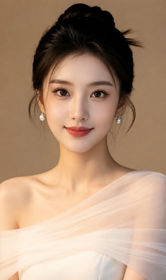 Woman with an updo and pearl earrings wearing a white dress with bare shoulders