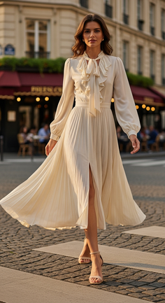 Woman in a cream pleated dress with a ruffle collar walking on a cobblestone street