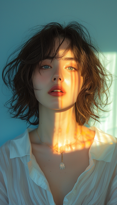 Woman with short hair and blue eyes in soft, warm lighting