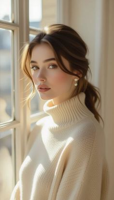 Woman in a white turtleneck sweater with pearl earrings by a window
