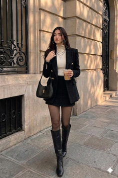 Woman in a black blazer and mini skirt walking on a street with a drink