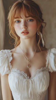 Woman with red hair and blue eyes wearing a white lace dress and layered necklace