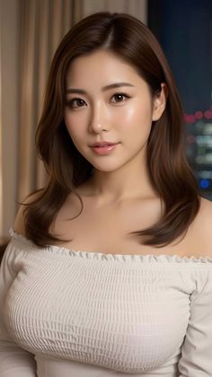 Woman with long brown hair wearing an off-shoulder top indoors at night