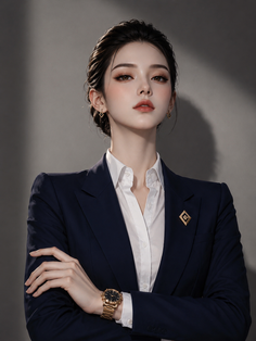 Woman in a dark blue suit and white shirt with her arms crossed