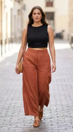 Woman in a black crop top and wide leg pants walking on a cobblestone street