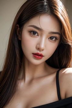 Woman with long brown hair and red lipstick in a black top