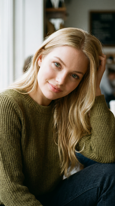 Woman with blonde hair and green eyes wearing a green sweater indoors