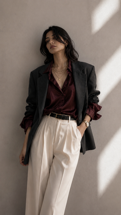 Woman in a blazer and wide-leg pants leaning against a wall with soft lighting