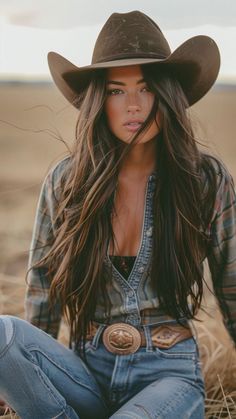 Woman in a cowboy hat and plaid shirt with long hair in an outdoor setting