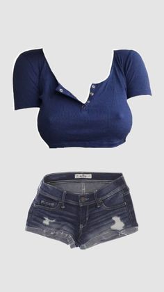 Blue ribbed crop top and distressed denim shorts on a white background