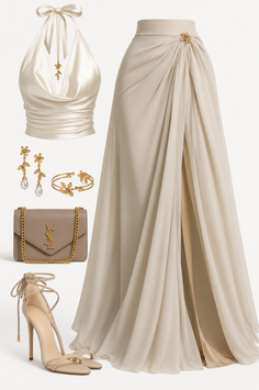 Elegant evening wear ensemble with a halter top, maxi skirt, and accessories