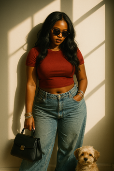 Woman in a red crop top and jeans with a small dog, bathed in dramatic lighting