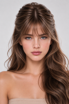 Woman with long brown hair and blue eyes looking directly at the viewer