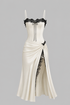 Elegant satin dress with black lace trim and a high slit