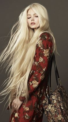 Woman with long blonde hair wearing a red floral dress and carrying a matching bag